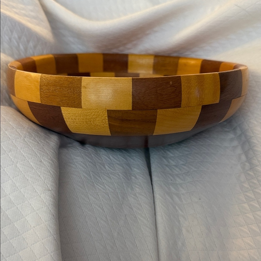 Vintage Hand-Turned Segmented Hardwood Wooden Checkerboard Bowl 9”